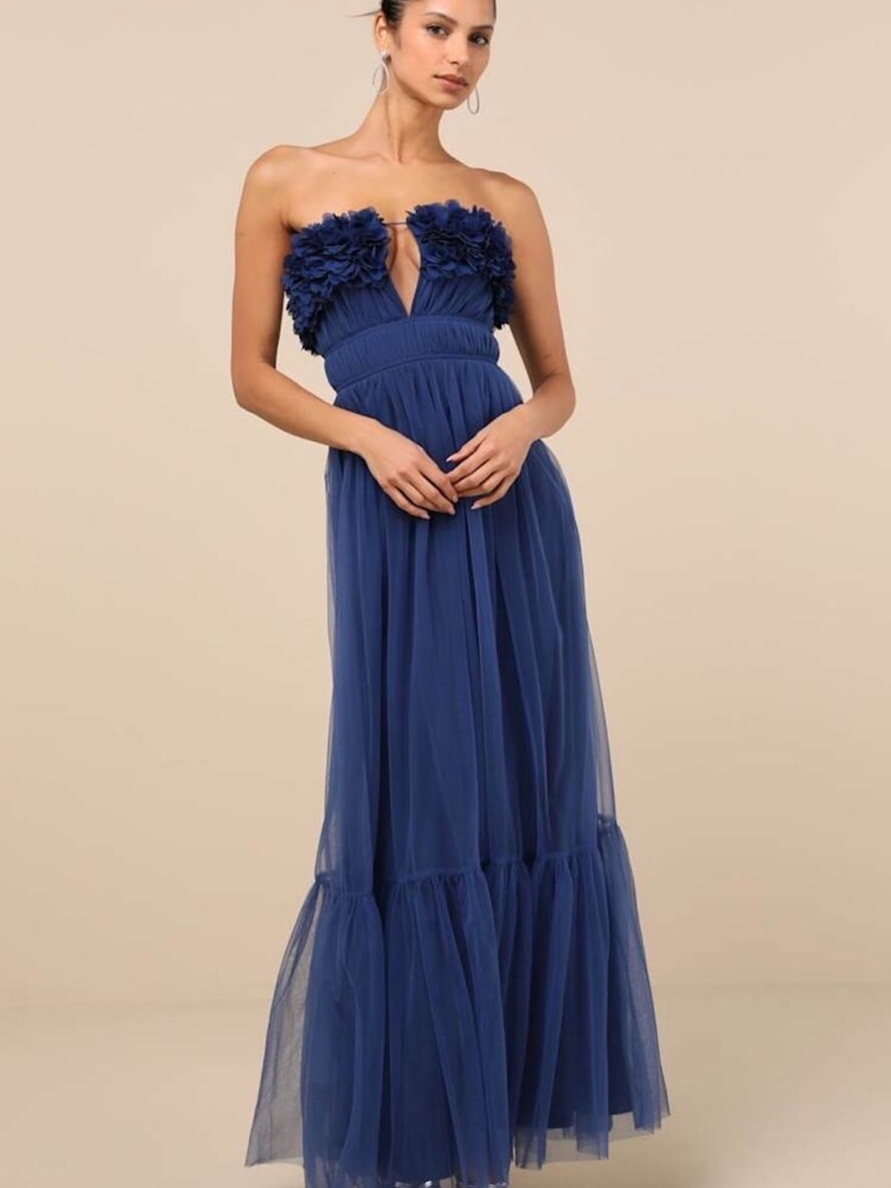 Lulu's Navy Strapless Floral Tulle Maxi Dress